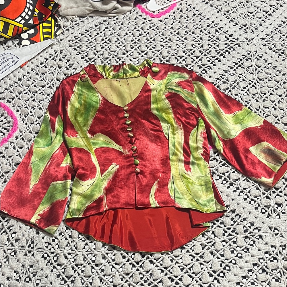 Vintage 1940’s ? Silk Red and Lime Green Satin Button-Front Women's Top